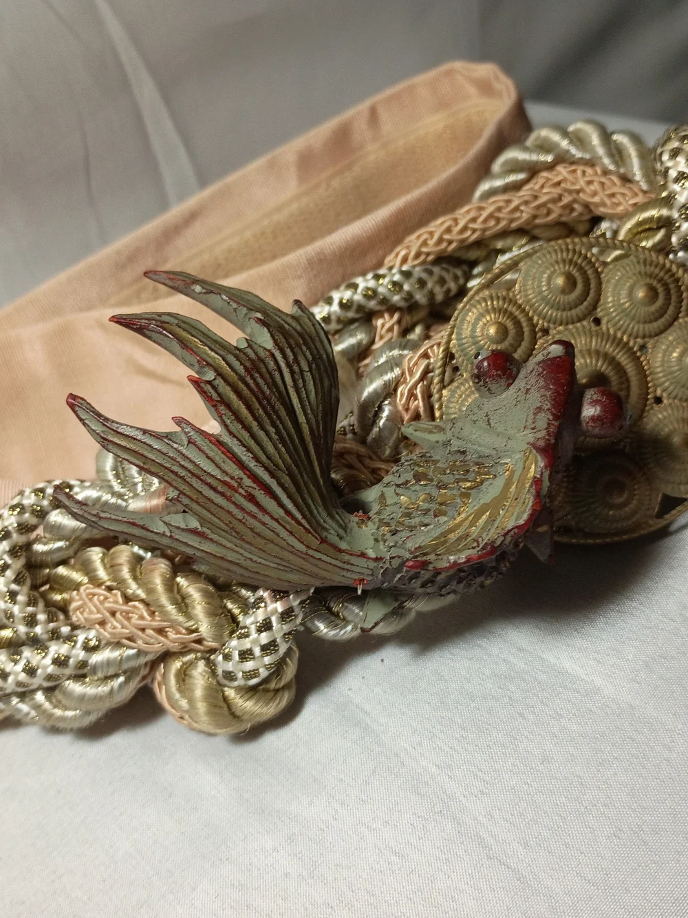 Vintage-Inspired Fish Motif Braided Belt in Peach and Metallics